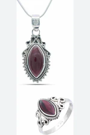 mantraroma Schmuckset ANULA echt 925 Silber mit Granat- Kette und Ring in passendem Design (Schmuckset in Schmuckdose) - Verkäufer: