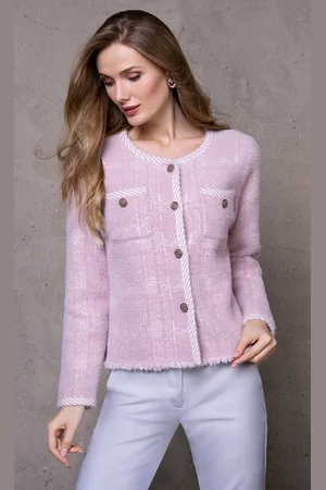 Passioni Strickjacke Kurze Jacke in Tweed-Optik mit gestreiftem Kontrastsaum - Verkäufer: Passion Mode