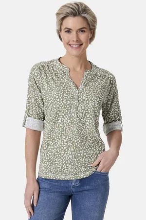 Stooker Women 3/4-Arm-Shirt MARIE Print T-Shirt 3/4-Arm Regular Fit Slub Yarn Baumwolle Henley Shirt Knopfleiste für Damen