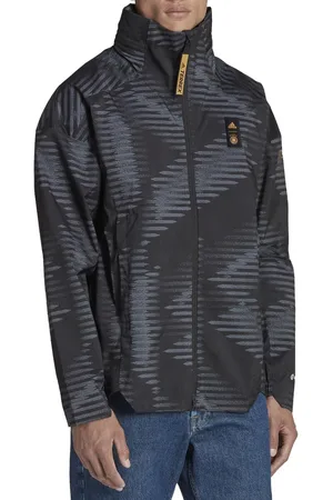 adidas PERFORMANCE DFB Herren nachhaltige wasserdichte Sport-Jacke mit versteckter Kapuze im Stehkragen Fitness-Jacke mit RAIN.RDY Technologie Kapuzen-Jacke HC1281 Schwarz/Grau