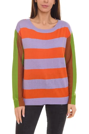 Aniston CASUAL Damen Pullover breit gestreifter Feinstrick-Sweater 71355125 Orange/Violett