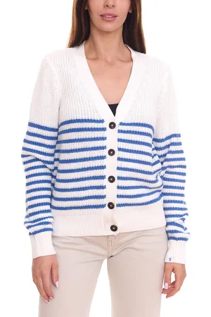 DELMAO Damen Strickjacke gestreift Feinstrick-Cardigan 46338846 Weiß/Blau