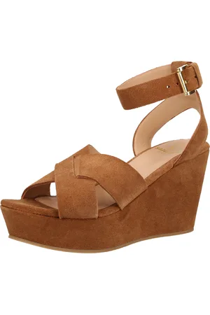 Sansibar Damen Sandalette Echtleder Wedges mit Knöchelriemen Sommer-Schuhe 1047792 Braun