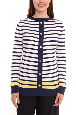 DELMAO Damen Langarm-Shirt gestreiftes Rundhals-Sweatshirt 16256460 Blau/Weiß