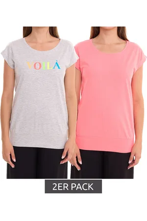 AJC 2er Set Damen T-Shirt Rundhals-Shirt Baumwoll-Shirt Kurzarm-Shirt 71333114 Grau/Rosa