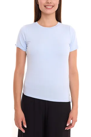 Tamaris Damen Sommer-Shirt T-Shirt mit seitlicher Raffung Kurzarm-Shirt 32439103 Hellblau