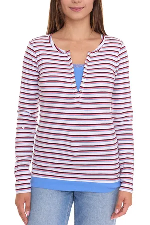 AJC Damen Langarm-Shirt mit Spitze figurbetontes Baumwoll-Shirt 12726709 Weiß/Blau/Rot