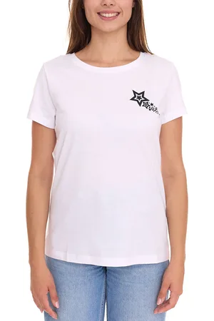 AJC T-Shirt Baumwoll-Shirt mit Sternen-Print Rundhals-Shirt T-Shirt 37896048 Weiß