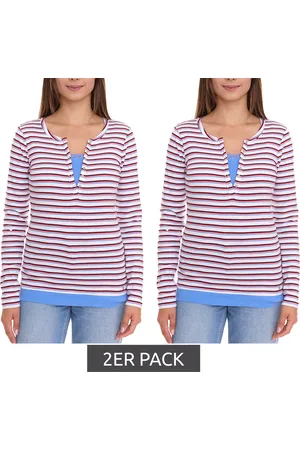 AJC 2er Pack Damen Langarm-Shirt mit Spitze figurbetontes Baumwoll-Shirt 12726709 Weiß/Blau/Rot