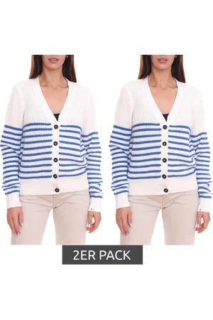 DELMAO 2er Sparpack Damen Strickjacke gestreift Feinstrick-Cardigan 46338846 Weiß/Blau