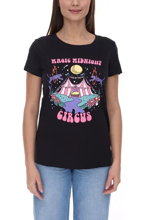 AJC Damen T-Shirt Freizeit-Shirt mit Frontprint Magic Midnight Circus Baumwoll-Shirt 72729855 Schwarz/Lila/Rosa