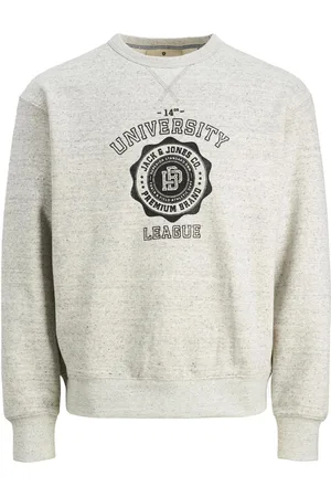 JACK & JONES Herren Crew-Neck Pullover modisches Baumwoll-Sweatshirt mit Marken-Frontprint 12241946 Grau