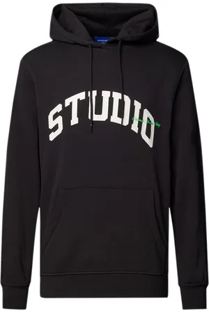 JACK & JONES Brink Herren Hoodie modischer Kapuzen-Pullover mit "STUDIO"-Schriftzug auf der Front 12228021 Schwarz