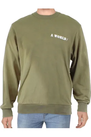 JACK & JONES Herren Crew Neck Pullover mit "A World"-Print auf der Brust Rundhals-Sweater 12201935 Khaki