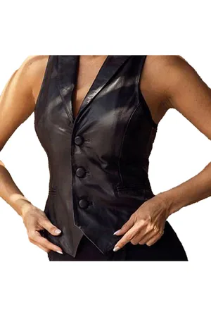 Bruno Banani Damen Leder-Weste modische Übergangs-Weste mit Reverskragen 95295233 Schwarz