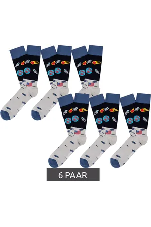 Moustard 6 Paar Moon Landing Astronaut Herren Baumwoll-Socken mit Weltraum Print gemusterte lange Strümpfe 17S-MOON Hellblau/Grau