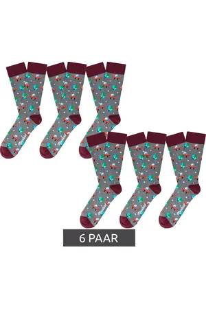 Moustard 6 Paar Alien Herren Baumwoll-Socken mit Alien und Ufo Allover-Print gemusterte lange Strümpfe 17S-ALIEN Dunkelrot/Grau