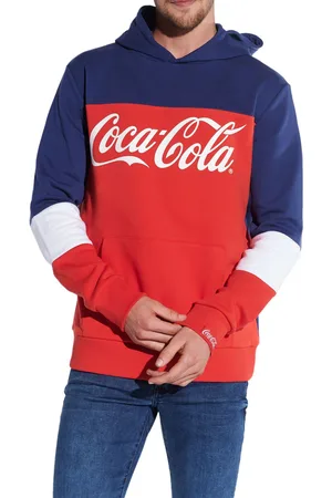 Course Coca Cola Herren Hoodie im Color-Blocking-Design Kapuzen-Pullover mit Coca Cola-Print und Patch Baumwoll-Sweater 5010 Blau/Rot/Weiß
