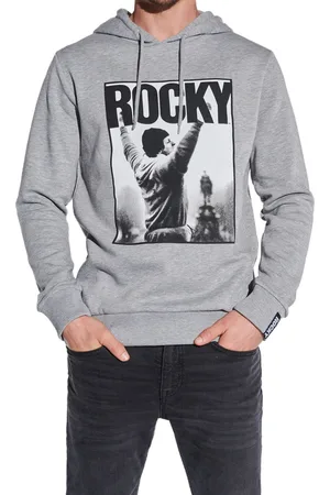 Course Rocky Balboa Herren Hoodie im melierten Design Kapuzen-Pullover mit großen Rocky Foto-Print und Patch Baumwoll-Sweater 4860 Grau
