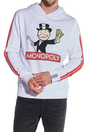 Course Monopoly Herren Hoodie im Langarm Retro-Stil Kapuzen-Pullover mit Monopoly-Print und Patch Baumwoll-Sweater 4863 Weiß
