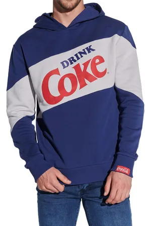 Course Coca Cola Herren Hoodie im Color-Blocking-Design Kapuzen-Pullover mit Retro Coke-Print und Patch Baumwoll-Sweater 5015 Blau/Weiß