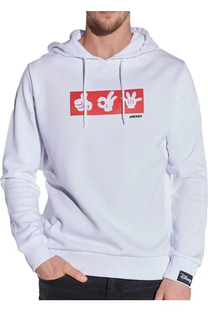 Course Mickey Mouse Herren Hoodie mit Mickey-Hand-Print und Patch Kapuzen-Pullover Baumwoll-Sweater 4845 Weiß