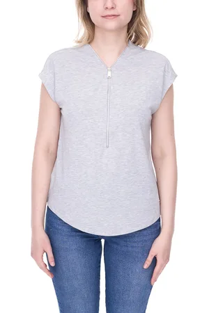Tamaris Damen Half-Zip Shirt kurzärmliges T-Shirt mit V-Ausschnitt 63630739 Grau