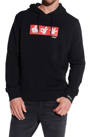 Course Mickey Mouse Herren Hoodie mit Mickey-Hand-Print und Patch Kapuzen-Pullover Baumwoll-Sweater 4846 Schwarz