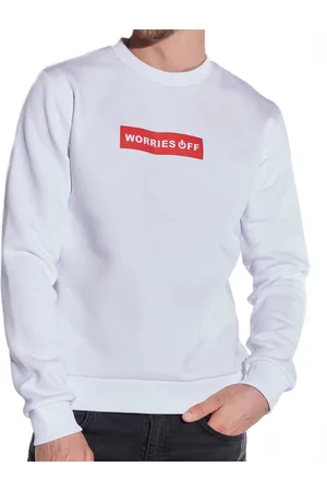 Course Herren Pullover mit Statement-Print "Worries Off" Rundhals-Pullover Baumwoll-Sweater 5045 Weiß