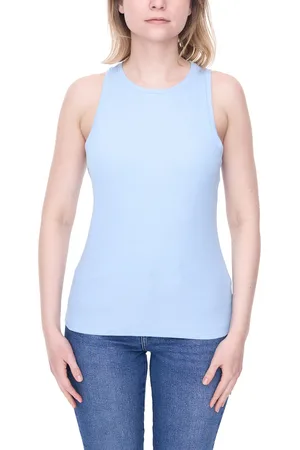 Tamaris Damen Sommer-Top ärmelloses Baumwoll-Shirt mit Rundhalssauschnitt 31661722 Blau
