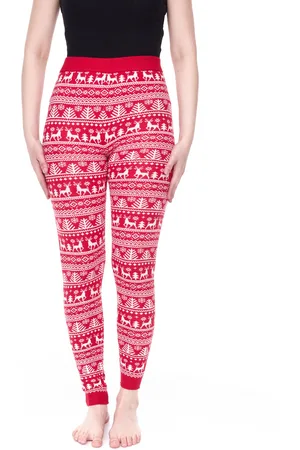 Esmara Damen Leggings mit winterlichem Allover-Print Sweat-Hose Oeko-Tex 100 zertifiziert Homewear 424504_2301 Rot/Weiß