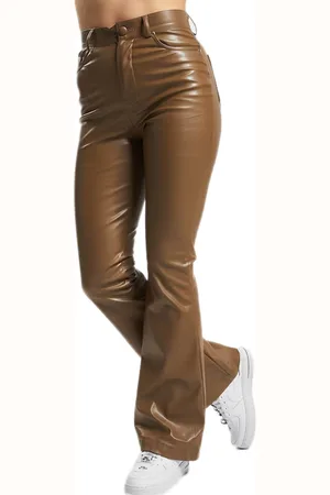 Sixth June Damen Kunstleder-Hose Schlag-Hose mit Marken Stickerei Alltags-Hose 33611 Braun
