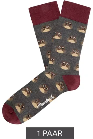 Moustard 1 Paar Owl Baumwoll-Socken mit Eulen-Allover-Print gemusterte lange Strümpfe 20S-OWL Grau/Rot/Beige