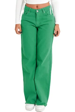Sixth June Damen Jeans Straight Leg Denim-Hose Mid-Rise Baumwoll-Hose mit weitem Bein Freizeit-Jeans mit fransigem Beinabschluss W33761APA Grün