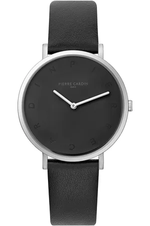 Pierre Cardin Damen Armband-Uhr schlichtes Ziffernblatt analoge Quarz-Uhr mit Leder-Armband 3ATM 39mm CBV.1002 Schwarz/Silber