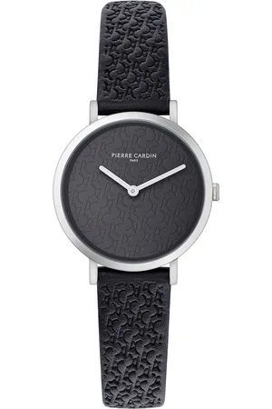 Pierre Cardin Damen Armband-Uhr mit Marken-Kürzel-Print analoge Quarz-Uhr mit Leder-Armband 3ATM 31mm CBV.1502 Schwarz/Silber