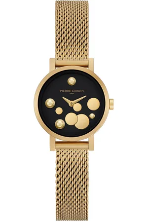 Pierre Cardin Damen Armband-Uhr Ziffernblatt mit goldfarbenen Kreis-Details analoge Quarz-Uhr mit Edelstahl-Armband 3ATM 27mm CCM.0502 Gold/Schwarz