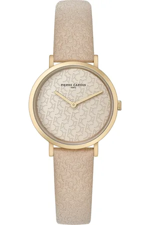Pierre Cardin Damen vergoldete Armband-Uhr mit Marken-Kürzel-Print analoge Quarz-Uhr mit Leder-Armband 3ATM 31mm CBV.1503 Beige/Gold
