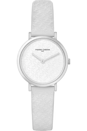 Pierre Cardin Damen Armband-Uhr mit Marken-Kürzel-Print analoge Quarz-Uhr mit Leder-Armband 3ATM 31mm CBV.1501 Weiß/Silber