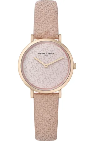 Pierre Cardin Damen Armband-Uhr mit Marken-Kürzel-Print analoge Quarz-Uhr mit Leder-Armband 3ATM 31mm CBV.1504 Rosa