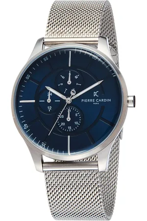 Pierre Cardin Herren Armband-Uhr mit Multi-Ziffernblatt analoge Quarz-Uhr mit Edelstahl-Armband 3ATM 43mm A.PC902731F121 Silber/Blau