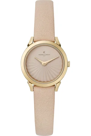 Pierre Cardin Damen Armband-Uhr schlichtes Ziffernblatt analoge Quarz-Uhr mit Leder-Armband 3ATM 27mm CPI.2508 Beige/Gold