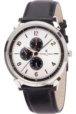 Pierre Cardin Herren Armband-Uhr mit Multi-Ziffernblatt analoge Quarz-Uhr mit Leder-Armband 3ATM 44mm CPI.2029 Silber/Schwarz