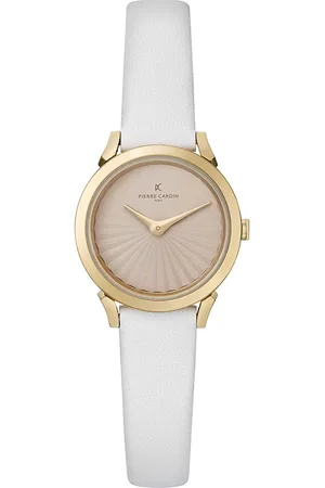 Pierre Cardin Damen Armband-Uhr Zweizeiger-Uhr analoge Quarz-Uhr mit Leder-Armband 3ATM 27mm CPI.2509 Weiß/Gold