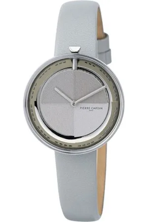 Pierre Cardin Damen Armband-Uhr modernes Ziffernblatt analoge Quarz-Uhr mit Leder-Armband 3ATM 32mm CMA.0005 Grau/Silber