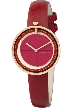 Pierre Cardin Damen Armband-Uhr modernes Ziffernblatt analoge Quarz-Uhr mit Leder-Armband 3ATM 32mm CMA.0007 Rot/Gold