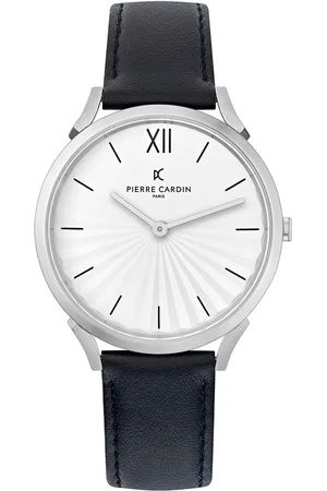 Pierre Cardin Damen Armband-Uhr schlichtes Ziffernblatt analoge Quarz-Uhr mit Leder-Armband 3ATM 40mm CPI.2000 Schwarz/Silber