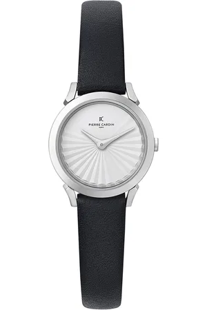 Pierre Cardin Damen Armband-Uhr schlichtes Ziffernblatt analoge Quarz-Uhr mit Leder-Armband 3ATM 27mm CPI.2507 Schwarz/Weiß/Silber