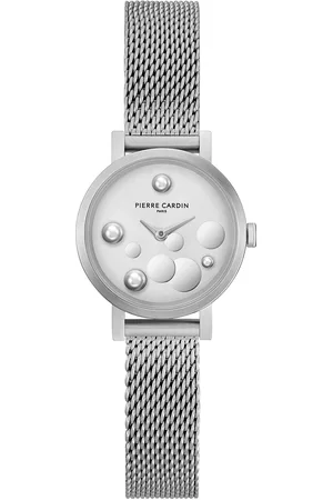 Pierre Cardin Damen Armband-Uhr Ziffernblatt mit silbernen Kreis-Details analoge Quarz-Uhr mit Edelstahl-Armband 3ATM 28mm CCM.0503 Silber
