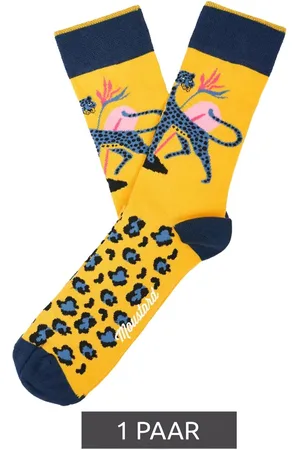 Moustard 1 Paar Leopard Baumwoll-Socken Leoparden Design und Musterung gemusterte lange Strümpfe 22S-LEO Blau/Gelb/Rosa